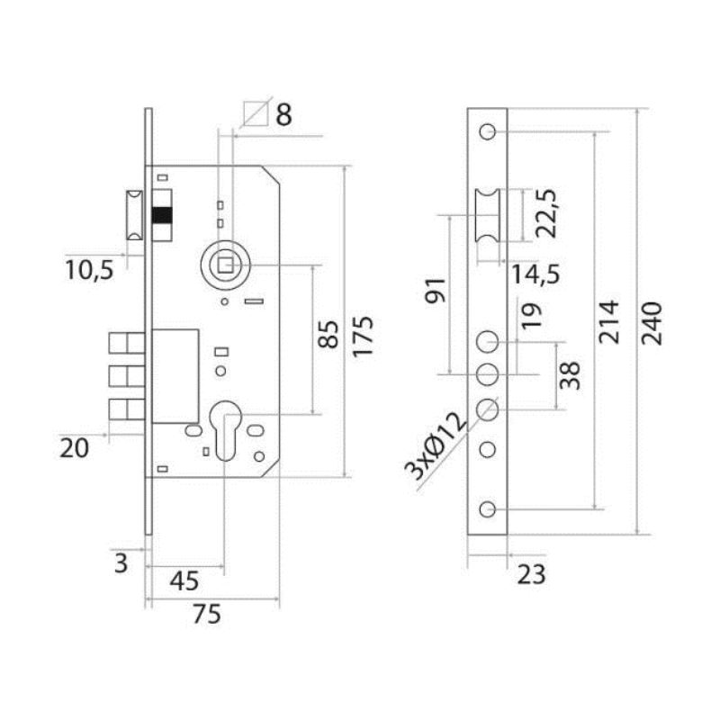 Замок врезной Trodos R3-85 ET СP c ригелями, хром