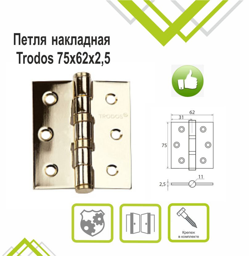 Петля накладная Trodos 75х62х2,5 GP золото