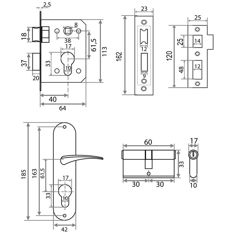 Замок врезной Trodos 61/11-ЦМ с ручкой, золото