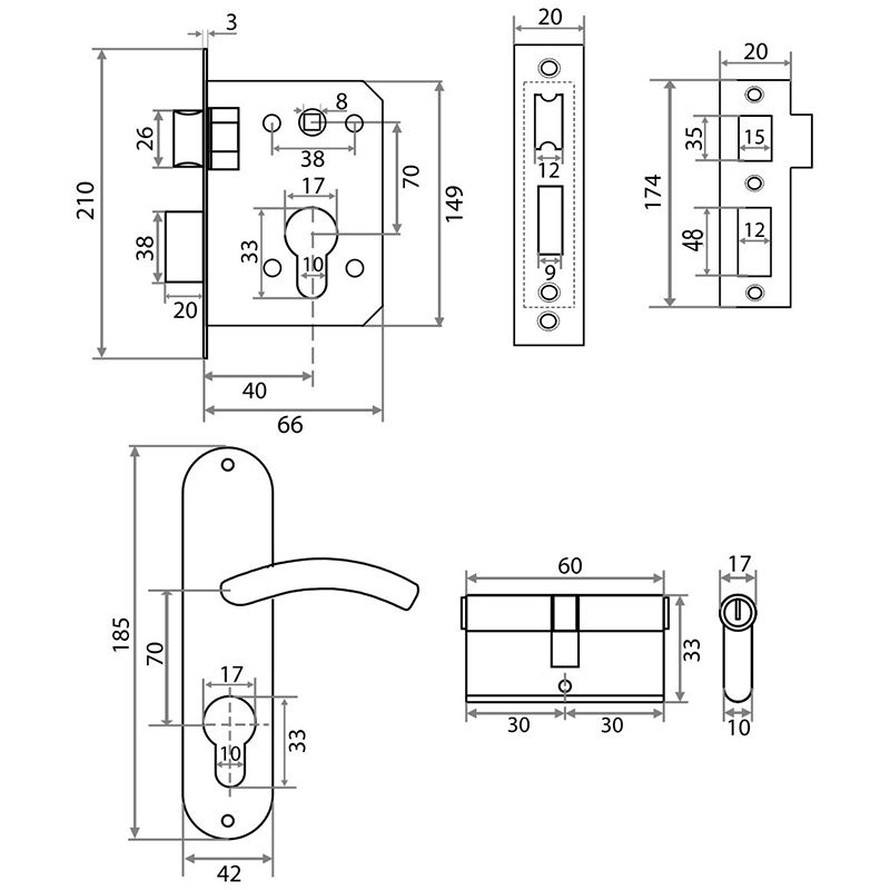 Замок врезной Trodos 70/106-ЦМ с ручкой, никель