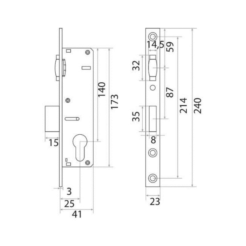 Замок врезной Trodos 155-25 узкопрофильный цилиндровый с защелкой без ручки, хром