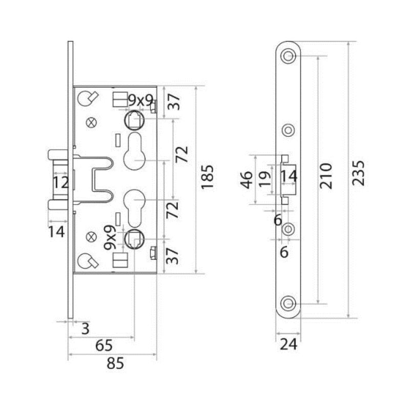 Замок врезной Trodos 1739 противопожарный цилиндровый с защелкой без ручки, хром