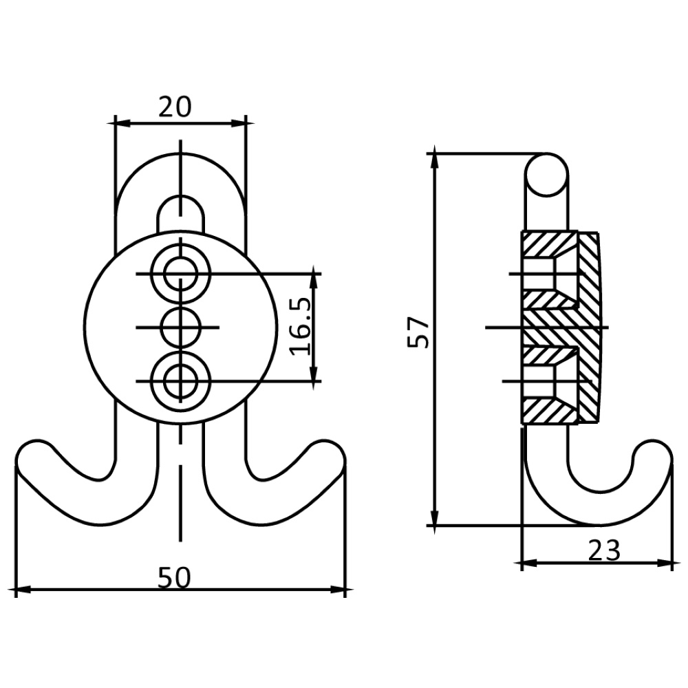 Крючок мебельный Trodos "DMZ-30020" 2-рожковый, сплав ЦАМ, черный, хедер