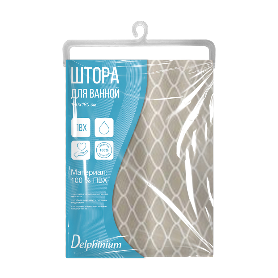Штора для ванной Delphinium "Соната" ПВХ 180х200см, 12 колец, бежевый
