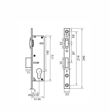 Замок врезной Trodos 155-30 узкопрофильный цилиндровый с защелкой без ручки, хром