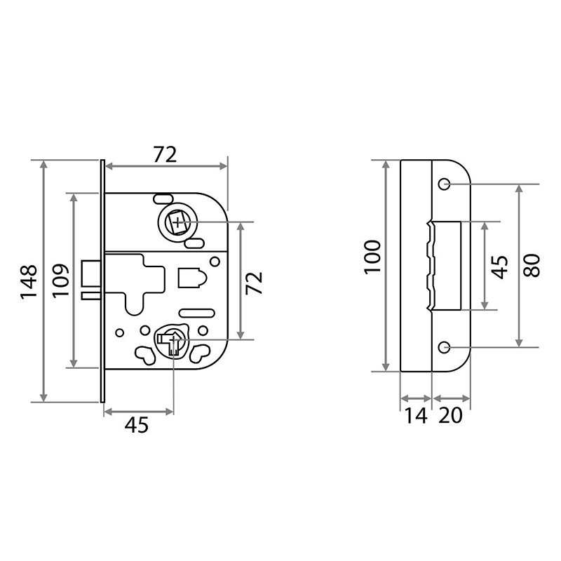 Замок врезной для финских дверей 2014WC без ответной планки, хром