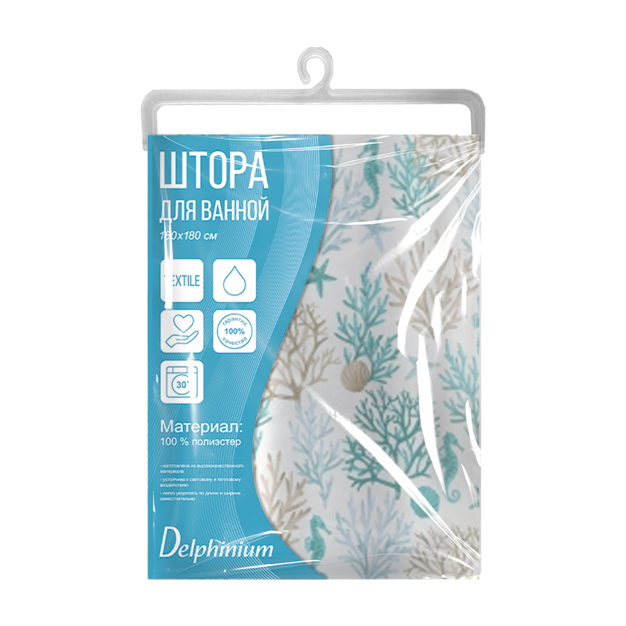 Штора для ванной Delphinium "Коралл" полиэстер 180х180см, 12 колец, мультиколор