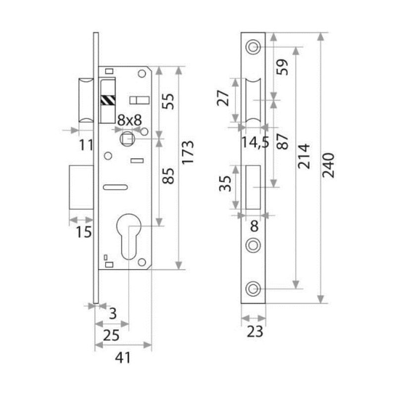 Замок врезной Trodos 153-25 узкопрофильный цилиндровый с защелкой без ручки, хром
