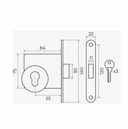 Замок врезной Vrata ЗВ1-2 цилиндровый без защелки, без ручки, серый